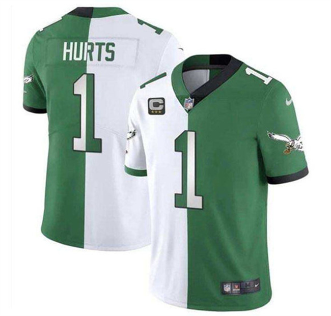 Men's Green/White Philadelphia Eagles #1 Jalen Hurts Split 2025 With 3-Star C Patch Vapor Limited Stitched Football Jersey